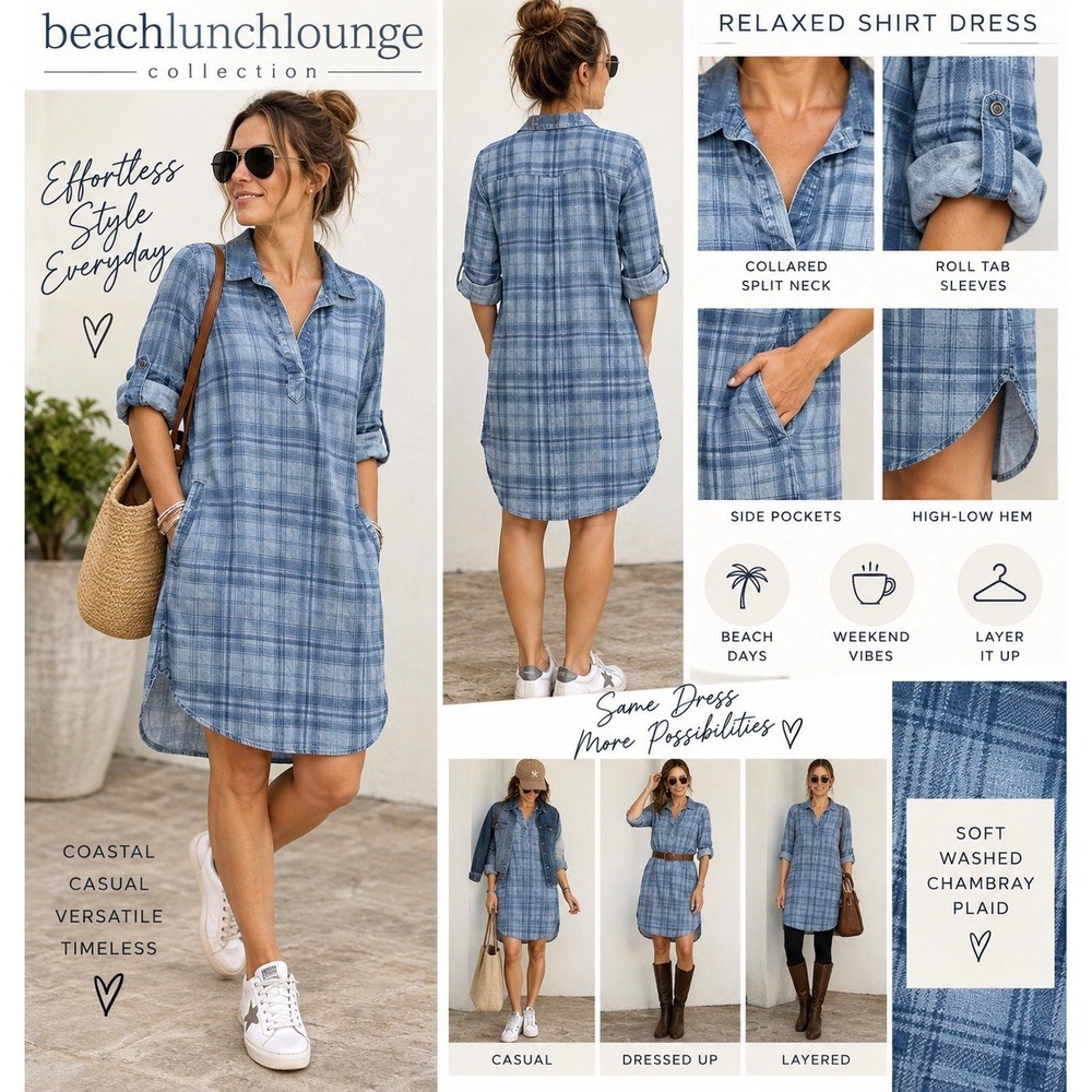 Shirt Dress Plaid Blue M BeachLunchLounge Chambray Roll Tab Pockets Oversized